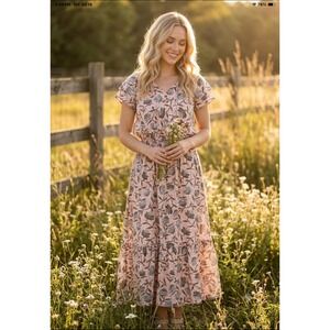 CWC Pink Floral Smocked Waist Viscose Maxi Dress Short Sleeve Boho Women‎ Size L